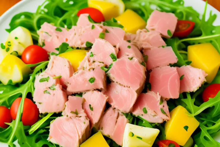 Тунец с овощами и рукколой